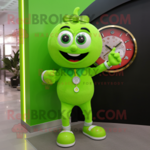 Lime Green Cherry mascot costume character dressed with a Romper and Bracelet watches