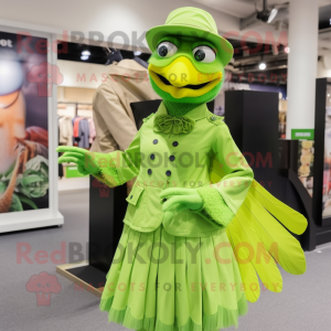 Lime Green Archeopteryx mascot costume character dressed with a Skirt and Berets