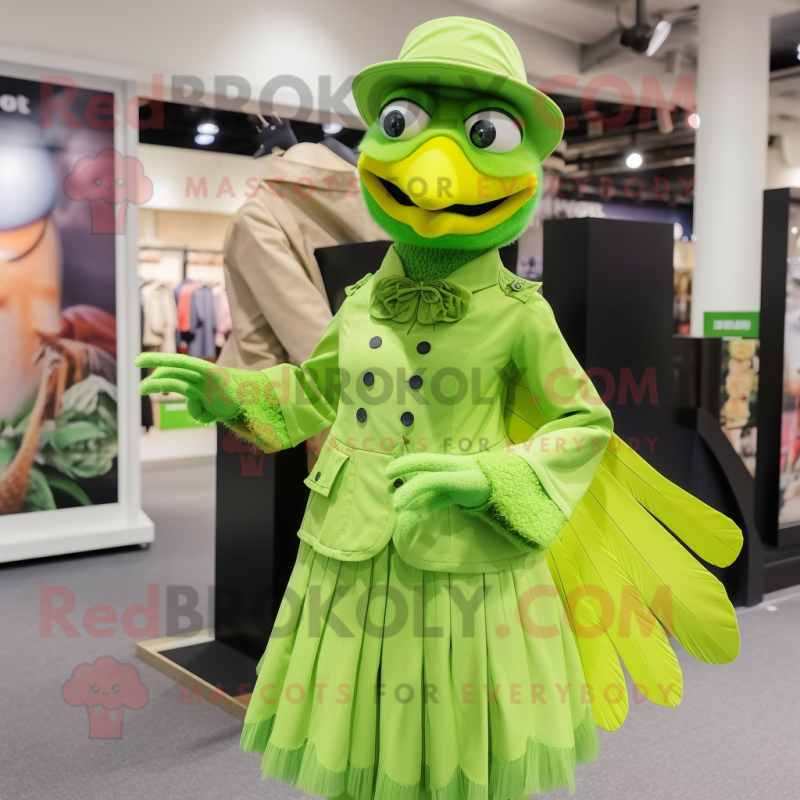 Lime Green Archeopteryx mascot costume character dressed with a Skirt and Berets Lime Green Archeopteryx mascot costume character dressed with a Skirt and Berets
