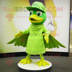 Lime Green Archeopteryx mascot costume character dressed with a Skirt and Berets
