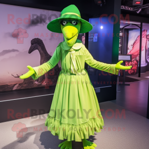 Lime Green Archeopteryx mascot costume character dressed with a Skirt and Berets