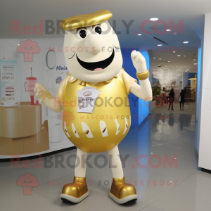 Gold Bottle Of Milk mascot costume character dressed with a Shorts and Handbags