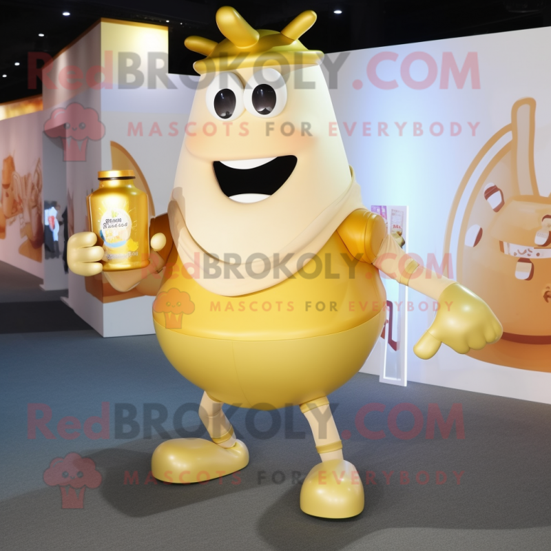 Gold Bottle Of Milk mascot costume character dressed with a Shorts and Handbags