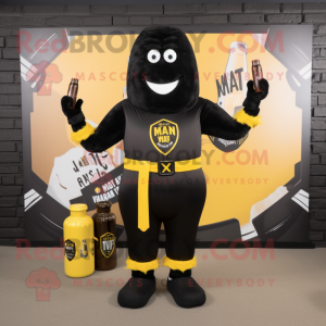 Black Bottle Of Mustard mascot costume character dressed with a V-Neck Tee and Belts