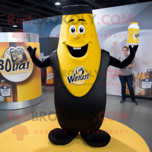 Black Bottle Of Mustard mascot costume character dressed with a V-Neck Tee and Belts