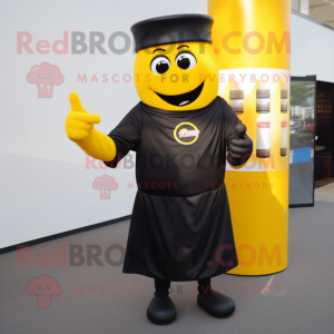 Black Bottle Of Mustard mascot costume character dressed with a V-Neck Tee and Belts