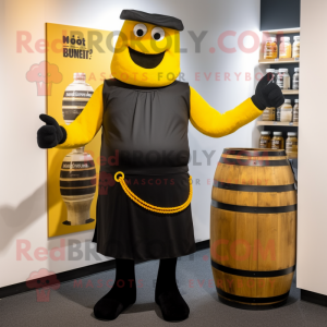 Black Bottle Of Mustard mascot costume character dressed with a V-Neck Tee and Belts