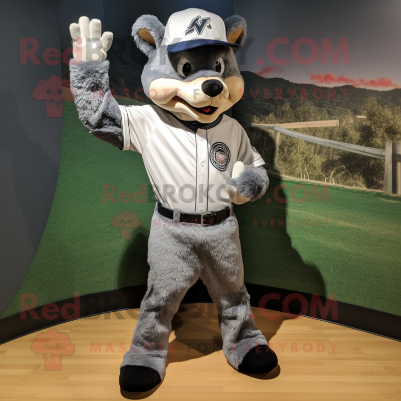 Silver Fox mascot costume character dressed with a Baseball Tee and Berets Silver Fox mascot costume character dressed with a Baseball Tee and Berets