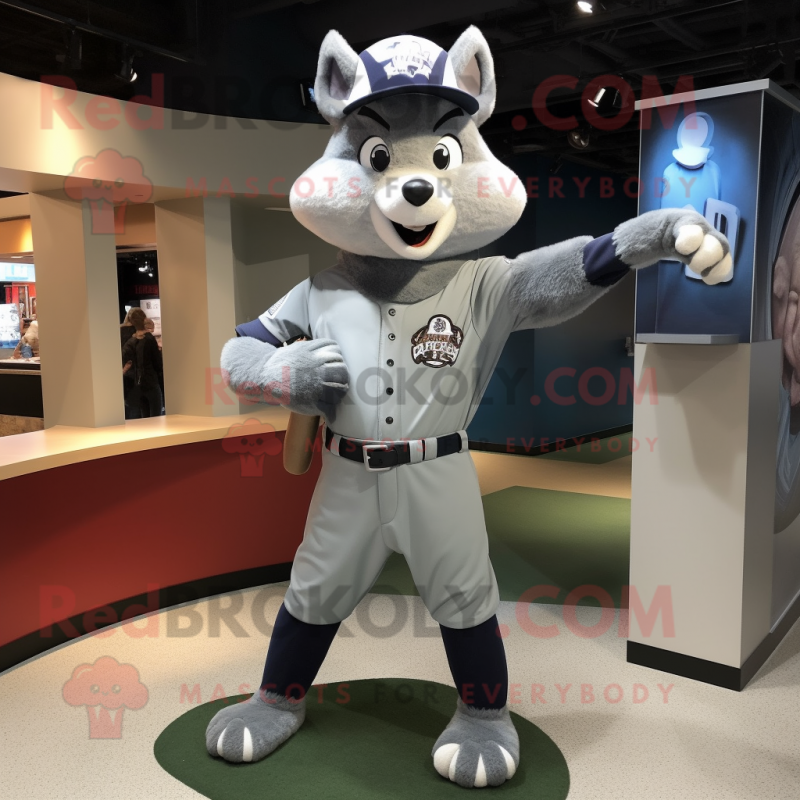 Silver Fox mascot costume character dressed with a Baseball Tee and Berets