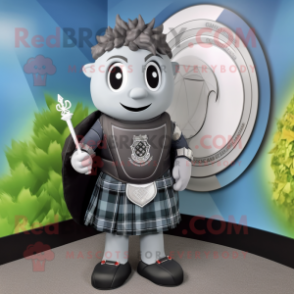 Gray Celtic Shield mascot costume character dressed with a Tuxedo and Backpacks