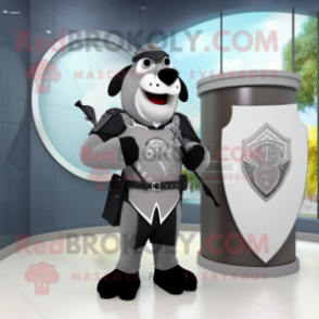 Gray Celtic Shield mascot costume character dressed with a Tuxedo and Backpacks