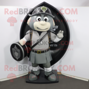 Gray Celtic Shield mascot costume character dressed with a Tuxedo and Backpacks
