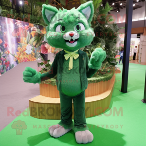 Forest Green Cat mascot costume character dressed with a Poplin Shirt and Anklets