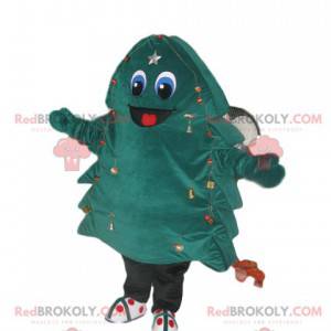 Mascotte verde-blu dell'abete con un grande sorriso -