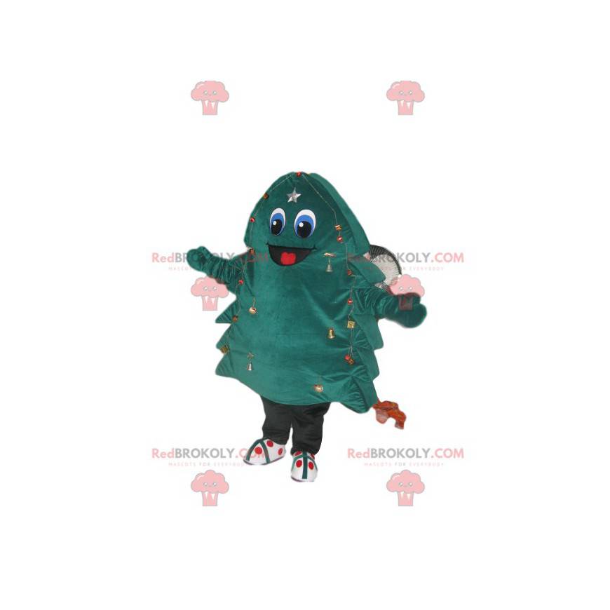 Mascotte de sapin vert-bleu avec un grand sourire - Mascotte de sapin vert-bleu avec un grand sourire -