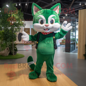 Forest Green Cat mascot costume character dressed with a Poplin Shirt and Anklets