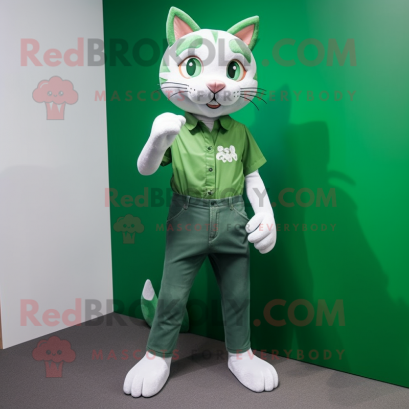 Forest Green Cat mascot costume character dressed with a Poplin Shirt and Anklets