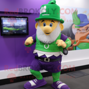 Lavender Leprechaun Hat mascot costume character dressed with a Running Shorts and Smartwatches