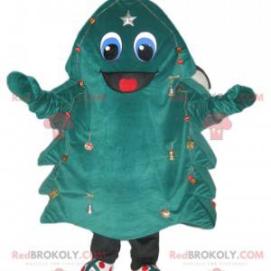 Mascotte verde-blu dell'abete con un grande sorriso -