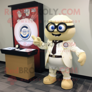 Cream Cyclops mascot costume character dressed with a Blazer and Bracelet watches