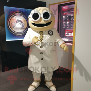 Cream Cyclops mascot costume character dressed with a Blazer and Bracelet watches