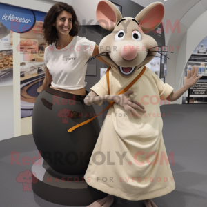 Beige Ratatouille mascot costume character dressed with a Maxi Skirt and Watches