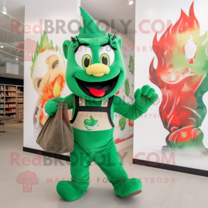 Green Fire Eater mascot costume character dressed with a Overalls and Tote bags
