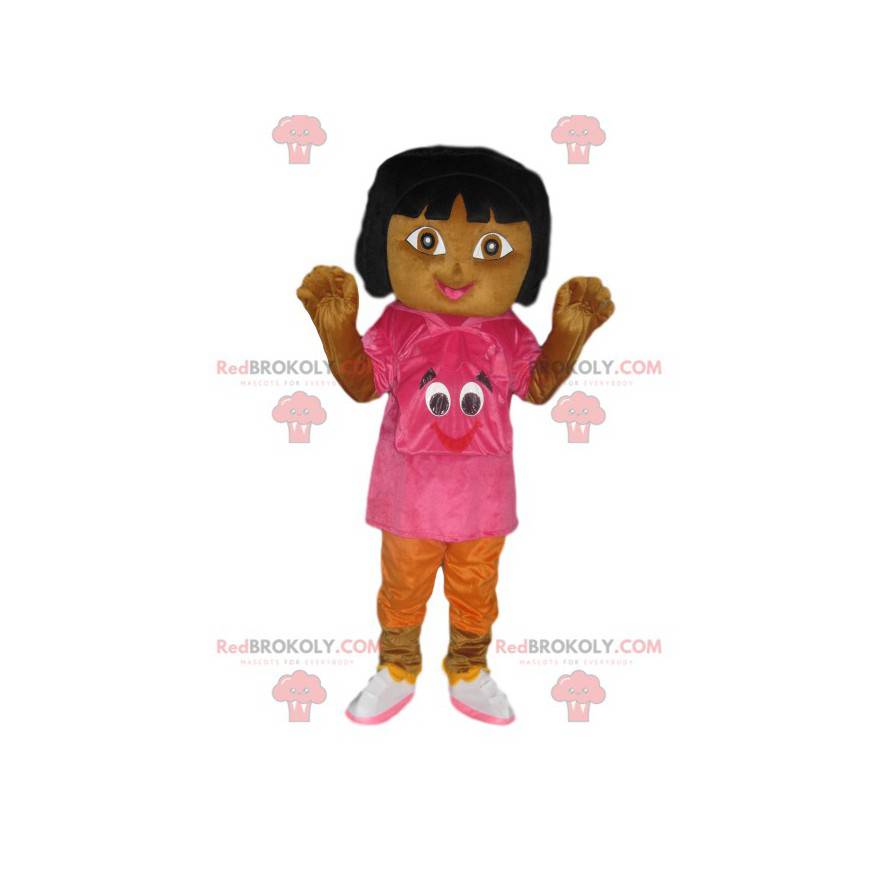 Mascote Dora the Explorer com uma t-shirt e uma mochila fúcsia