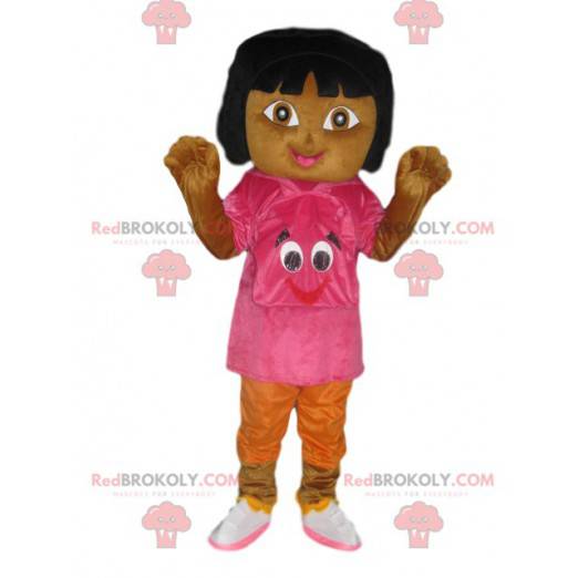 Mascot Dora the Explorer with a t-shirt and a fuchsia backpack
