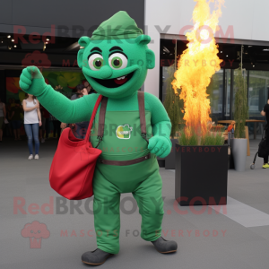 Green Fire Eater mascot costume character dressed with a Overalls and Tote bags