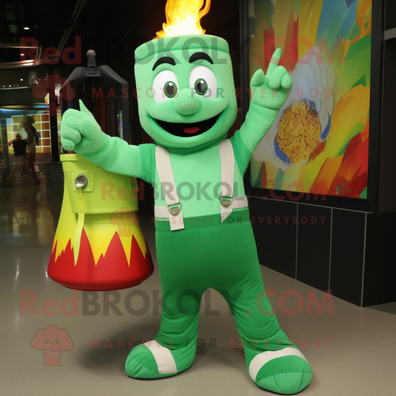 Green Fire Eater mascot costume character dressed with a Overalls and Tote bags