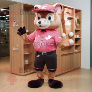 Pink Marten mascot costume character dressed with a Rugby Shirt and Hat pins