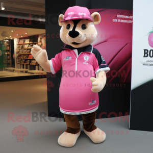 Pink Marten mascot costume character dressed with a Rugby Shirt and Hat pins