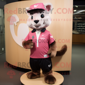 Pink Marten mascot costume character dressed with a Rugby Shirt and Hat pins