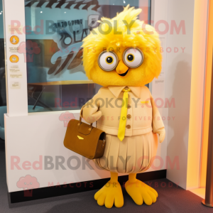 Beige Canary mascot costume character dressed with a Culottes and Coin purses