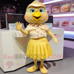 Beige Canary mascot costume character dressed with a Culottes and Coin purses
