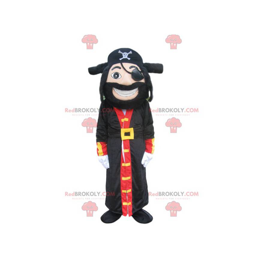 Piratenmaskottchen mit großem Mantel und schönem Hut -