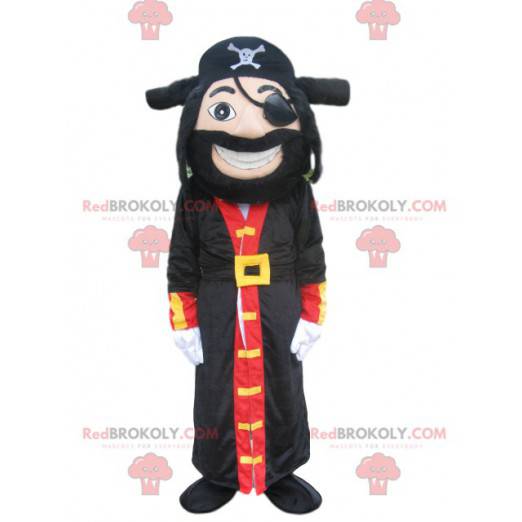 Mascota pirata con un abrigo grande y un hermoso sombrero. -