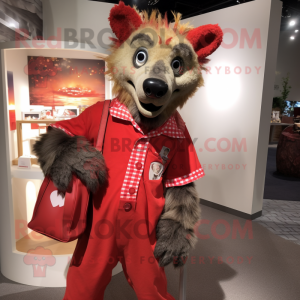 Red Hyena mascot costume character dressed with a Dress Shirt and Tote bags