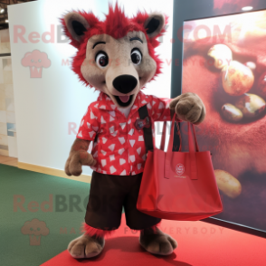 Red Hyena mascot costume character dressed with a Dress Shirt and Tote bags