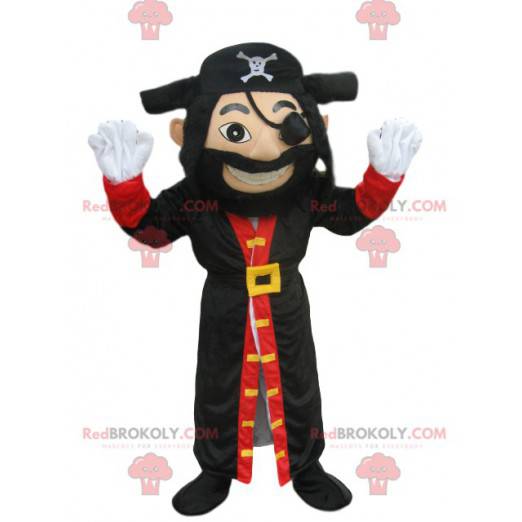 Piratenmaskottchen mit großem Mantel und schönem Hut -