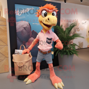 Peach Utahraptor mascot costume character dressed with a Boyfriend Jeans and Clutch bags