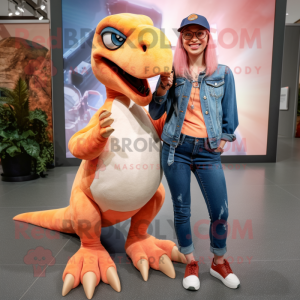 Peach Utahraptor mascot costume character dressed with a Boyfriend Jeans and Clutch bags