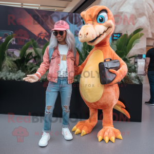 Peach Utahraptor mascot costume character dressed with a Boyfriend Jeans and Clutch bags