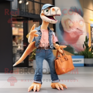 Peach Utahraptor mascot costume character dressed with a Boyfriend Jeans and Clutch bags