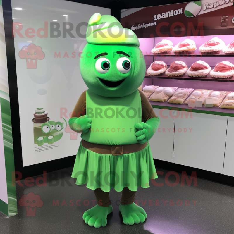 Green Chocolates mascot costume character dressed with a Evening Gown and Beanies Green Chocolates mascot costume character dressed with a Evening Gown and Beanies