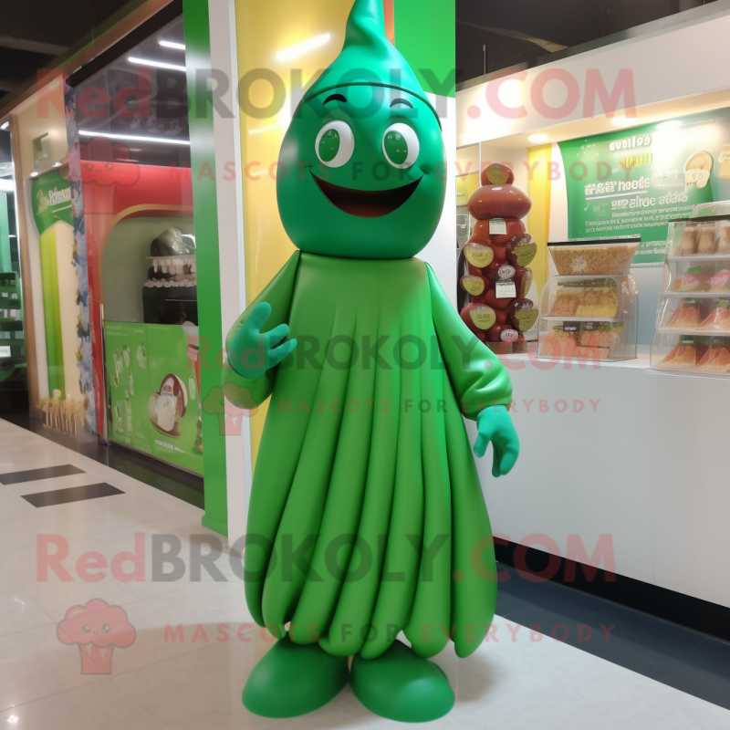 Green Chocolates mascot costume character dressed with a Evening Gown and Beanies Green Chocolates mascot costume character dressed with a Evening Gown and Beanies