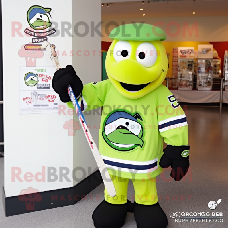 Lime Green Ice Hockey Stick mascot costume character dressed with a Bomber Jacket and Messenger bags