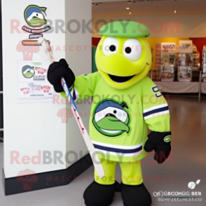 Lime Green Ice Hockey Stick mascot costume character dressed with a Bomber Jacket and Messenger bags