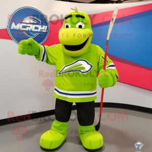 Lime Green Ice Hockey Stick mascot costume character dressed with a Bomber Jacket and Messenger bags